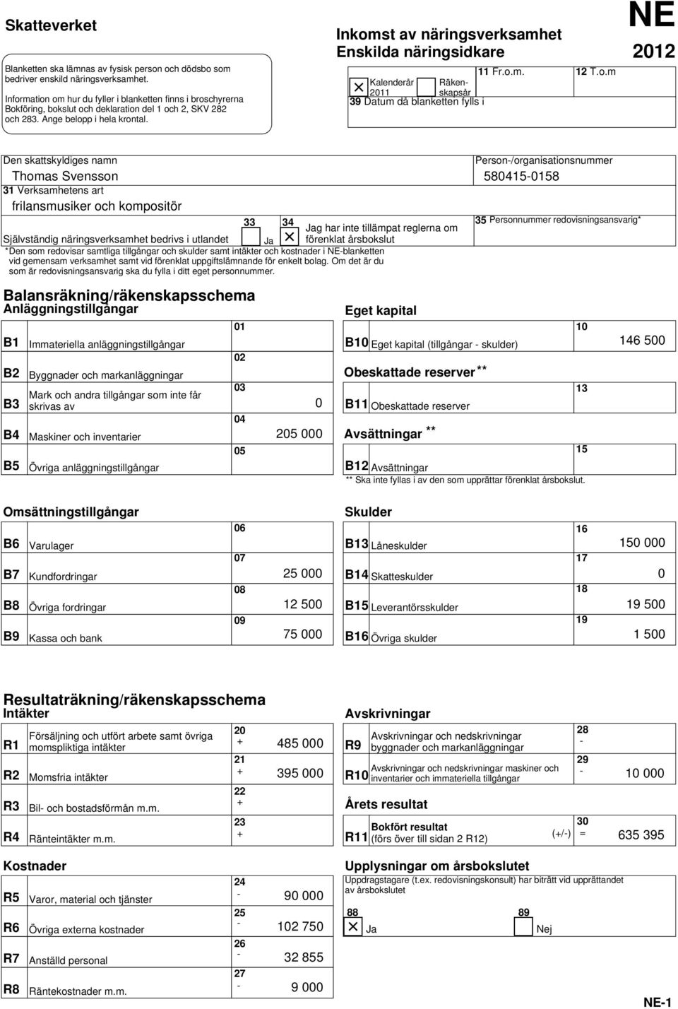 Inkomst av näringsverksamhet Enskilda näringsidkare 11 Fr.o.m. 12 T.o.m Kalenderår Räkenskapsår 211 39 Datum då blanketten fylls i NE 212 Den skattskyldiges namn Person/organisationsnummer Thomas