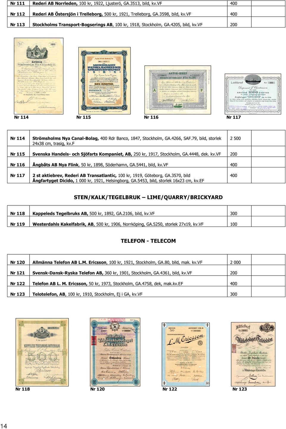 4266, SAF.79, bild, storlek 24x38 cm, trasig, kv.f 2 500 Nr 115 Svenska Handels- och Sjöfarts Kompaniet, AB, 250 kr, 1917, Stockholm, GA.4448, dek. kv.vf 200 Nr 116 Ångbåts AB Nya Flink, 50 kr, 1898, Söderhamn, GA.