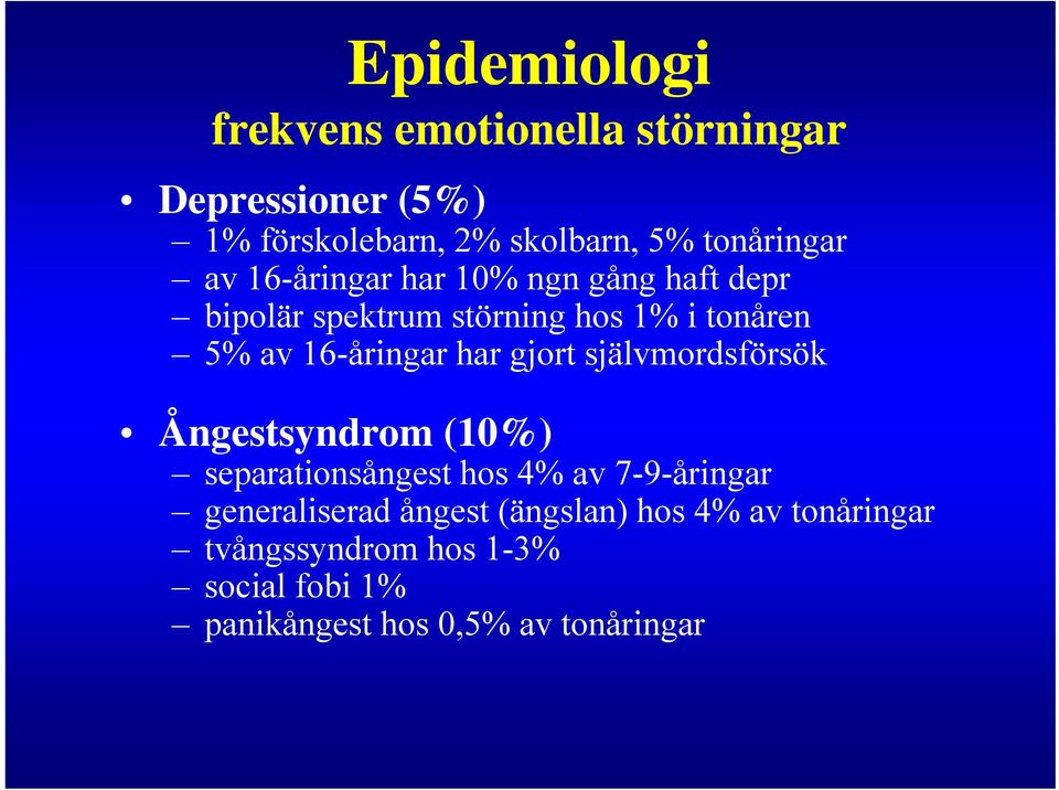 16-åringar har gjort självmordsförsök Ångestsyndrom (10%) separationsångest hos 4% av 7-9-åringar