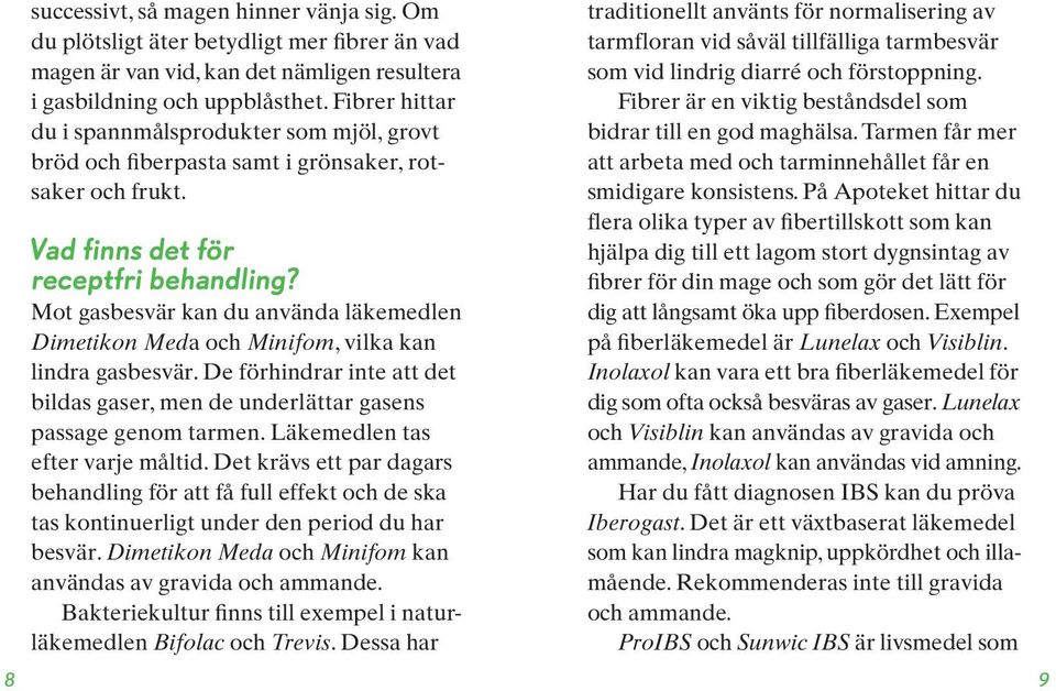 Mot gasbesvär kan du använda läkemedlen Dimetikon Meda och Minifom, vilka kan lindra gasbesvär. De förhindrar inte att det bildas gaser, men de underlättar gasens passage genom tarmen.