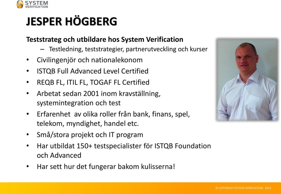 kravställning, systemintegration och test Erfarenhet av olika roller från bank, finans, spel, telekom, myndighet, handel etc.