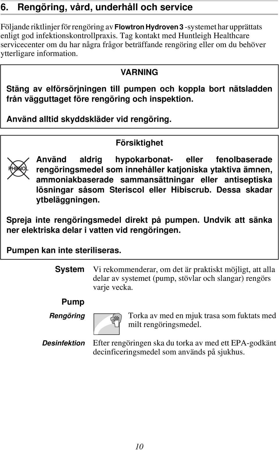 VARNING Stäng av elförsörjningen till pumpen och koppla bort nätsladden från vägguttaget före rengöring och inspektion. Använd alltid skyddskläder vid rengöring.