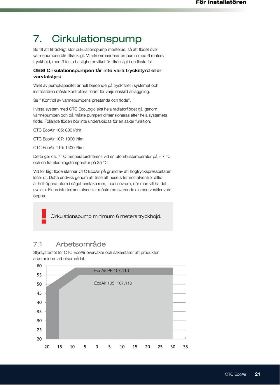 Cirkulationspumpen får inte vara tryckstyrd eller varvtalstyrd Valet av pumpkapacitet är helt beroende på tryckfallet i systemet och installatören måste kontrollera flödet för varje enskild