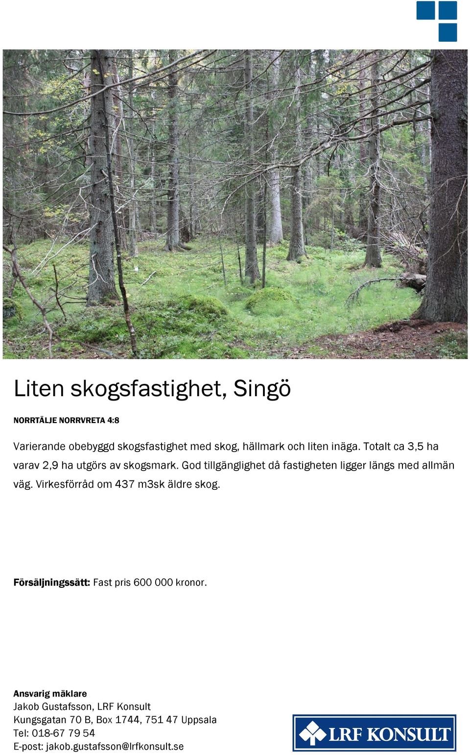 God tillgänglighet då fastigheten ligger längs med allmän väg. Virkesförråd om 437 m3sk äldre skog.