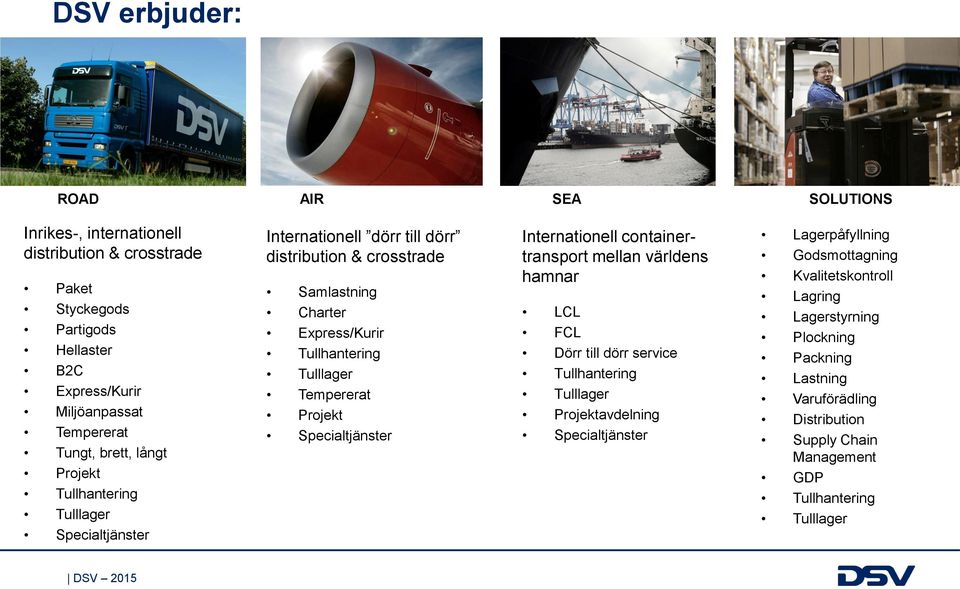 Tempererat Projekt Specialtjänster Internationell containertransport mellan världens hamnar LCL FCL Dörr till dörr service Tullhantering Tulllager Projektavdelning