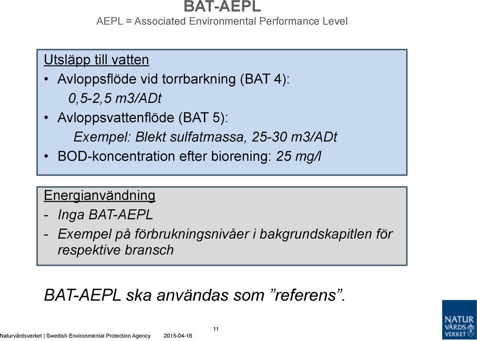 25-30 m3/adt BOD-koncentration efter biorening: 25 mg/l Energianvändning - Inga BAT-AEPL -