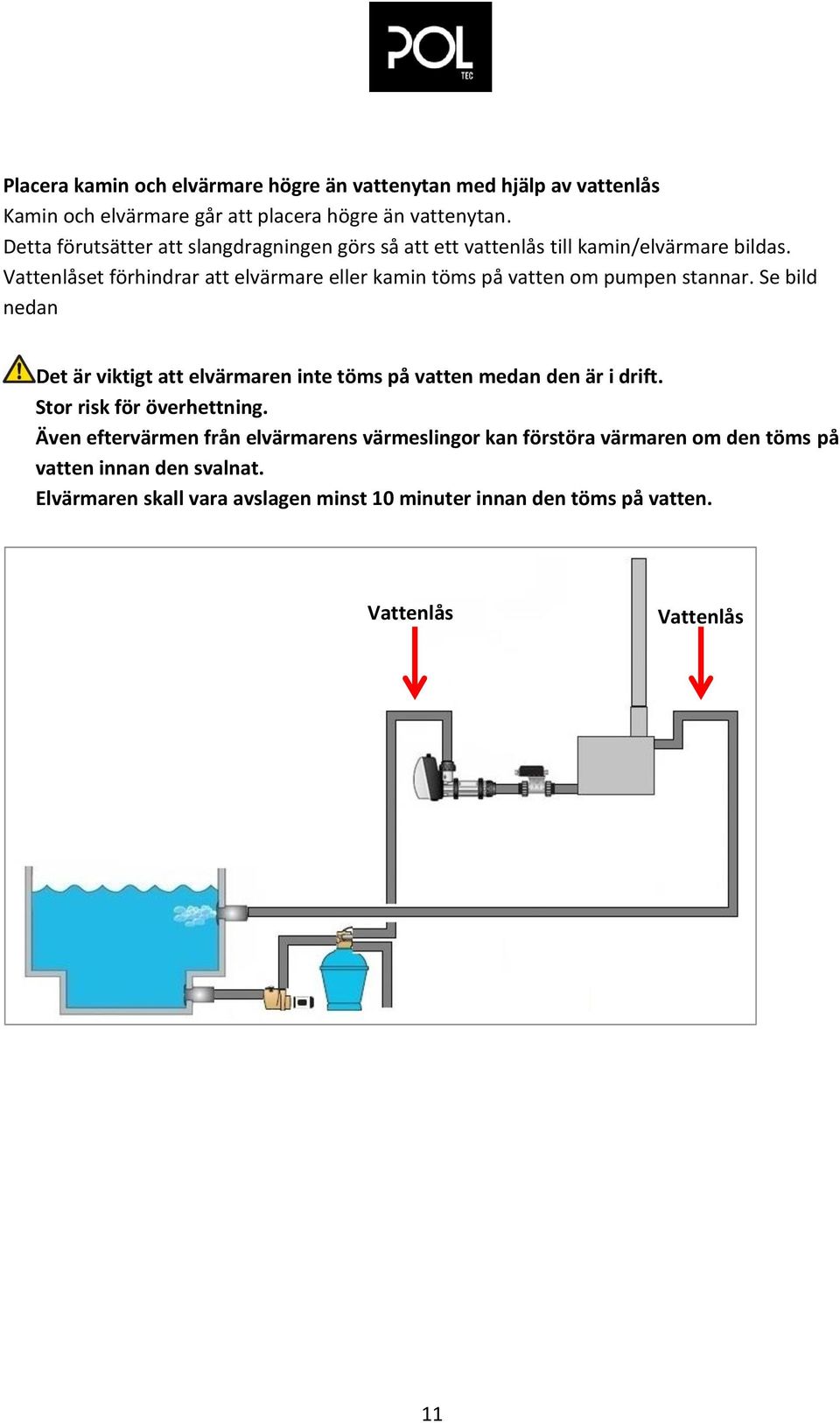 Vattenlåset förhindrar att elvärmare eller kamin töms på vatten om pumpen stannar.