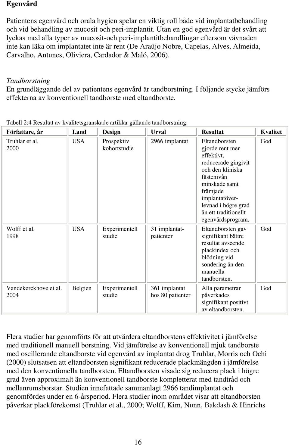 Almeida, Carvalho, Antunes, Oliviera, Cardador & Maló, 2006). Tandborstning En grundläggande del av patientens egenvård är tandborstning.