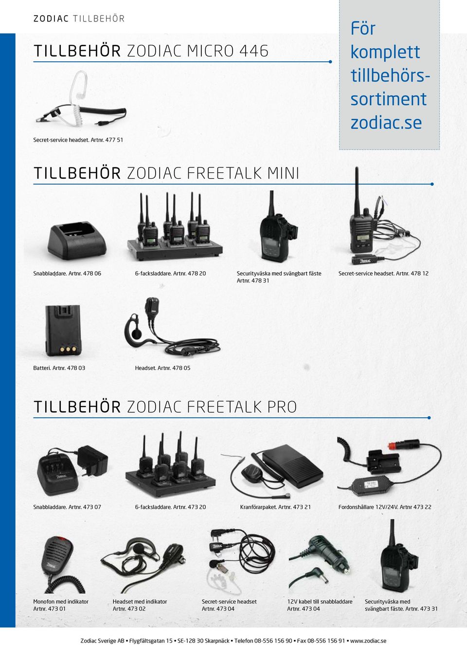 Artnr. 473 07 6-facksladdare. Artnr. 473 20 Kranförarpaket. Artnr. 473 21 Fordonshållare 12V/24V. Artnr 473 22 Monofon med indikator Artnr. 473 01 Headset med indikator Artnr.