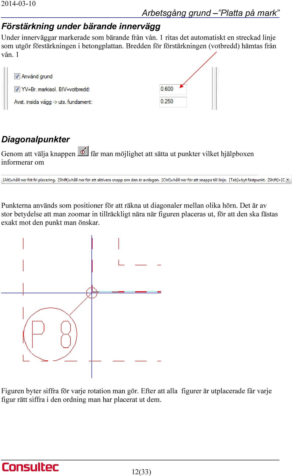 1 Diagonalpunkter Genom att välja knappen informerar om får man möjlighet att sätta ut punkter vilket hjälpboxen Punkterna används som positioner för att räkna ut diagonaler