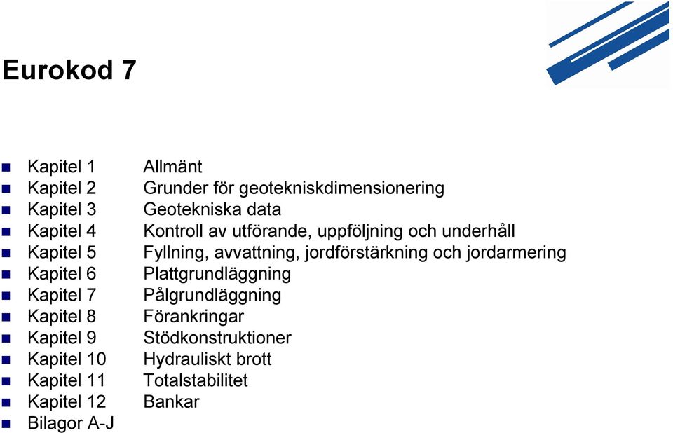 jordförstärkning och jordarmering Kapitel 6 Plattgrundläggning Kapitel 7 Pålgrundläggning Kapitel 8