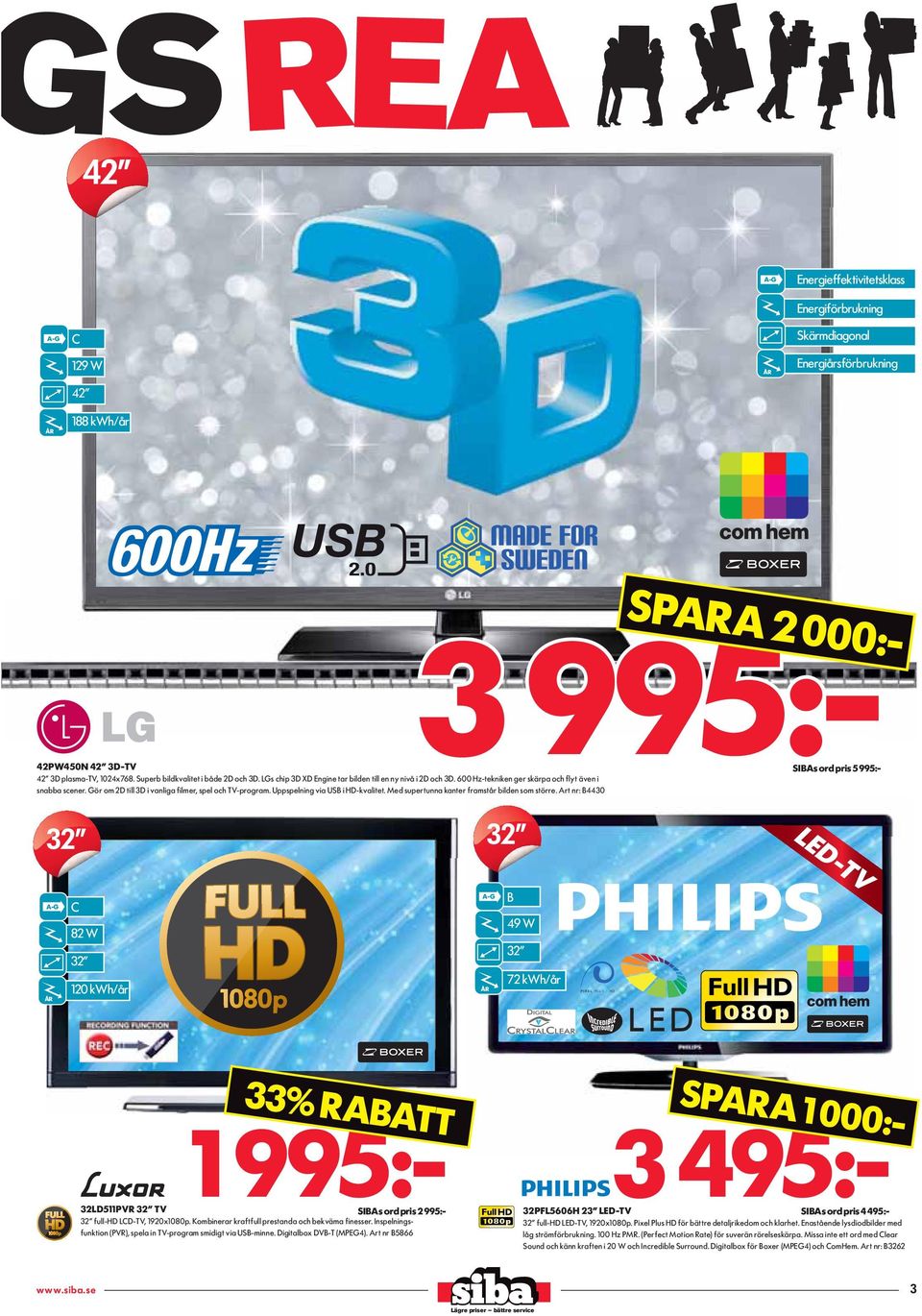 Uppspelning via USB i HD-kvalitet. Med supertunna kanter framstår bilden som större.