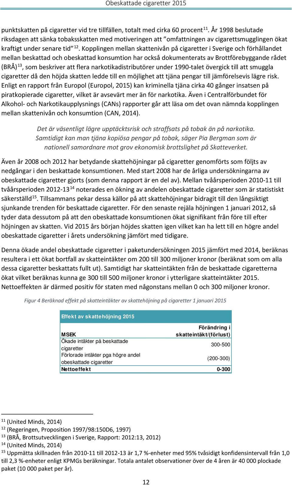 Kopplingen mellan skattenivån på cigaretter i Sverige och förhållandet mellan beskattad och obeskattad konsumtion har också dokumenterats av Brottförebyggande rådet (BRÅ) 13, som beskriver att flera