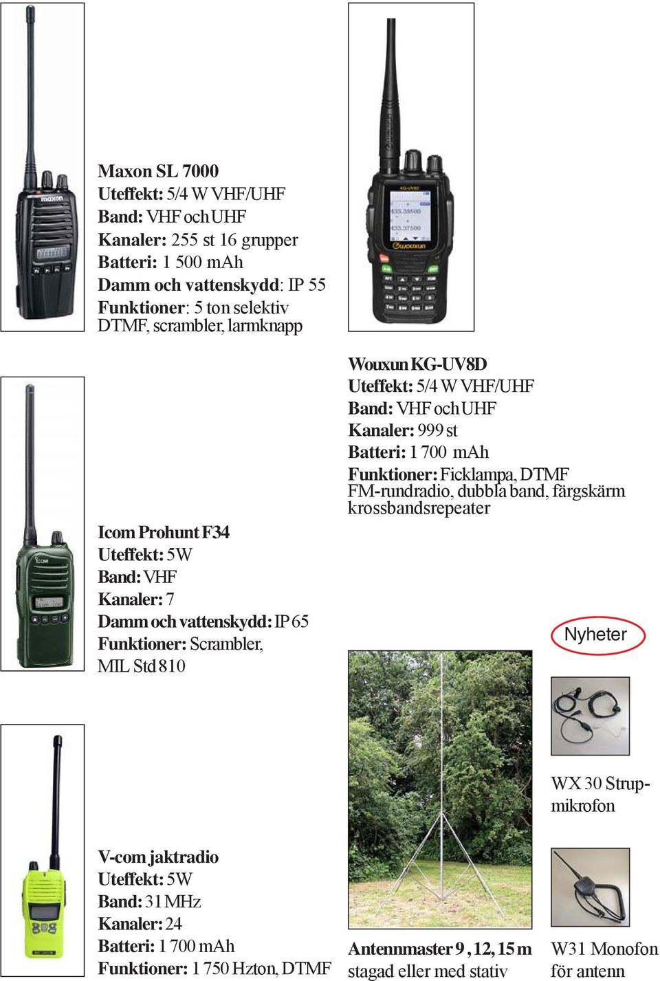 Kanaler: 999 st Batteri: 1 700 mah Funktioner: Ficklampa, DTMF FM-rundradio, dubbla band, färgskärm krossbandsrepeater Nyheter WX 30 Strupmikrofon V-com