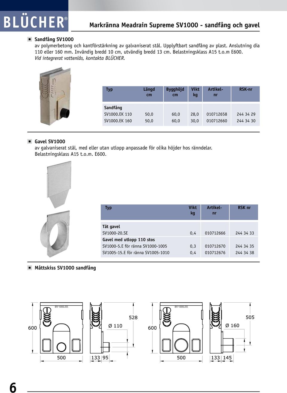 EK 110 50,0 60,0 28,0 010712658 244 34 29 SV1000.EK 160 50,0 60,0 30,0 010712660 244 34 30 Gavel SV1000 av galvaniserat stål, med eller utan utlopp anpassade för olika höjder hos ränndelar.