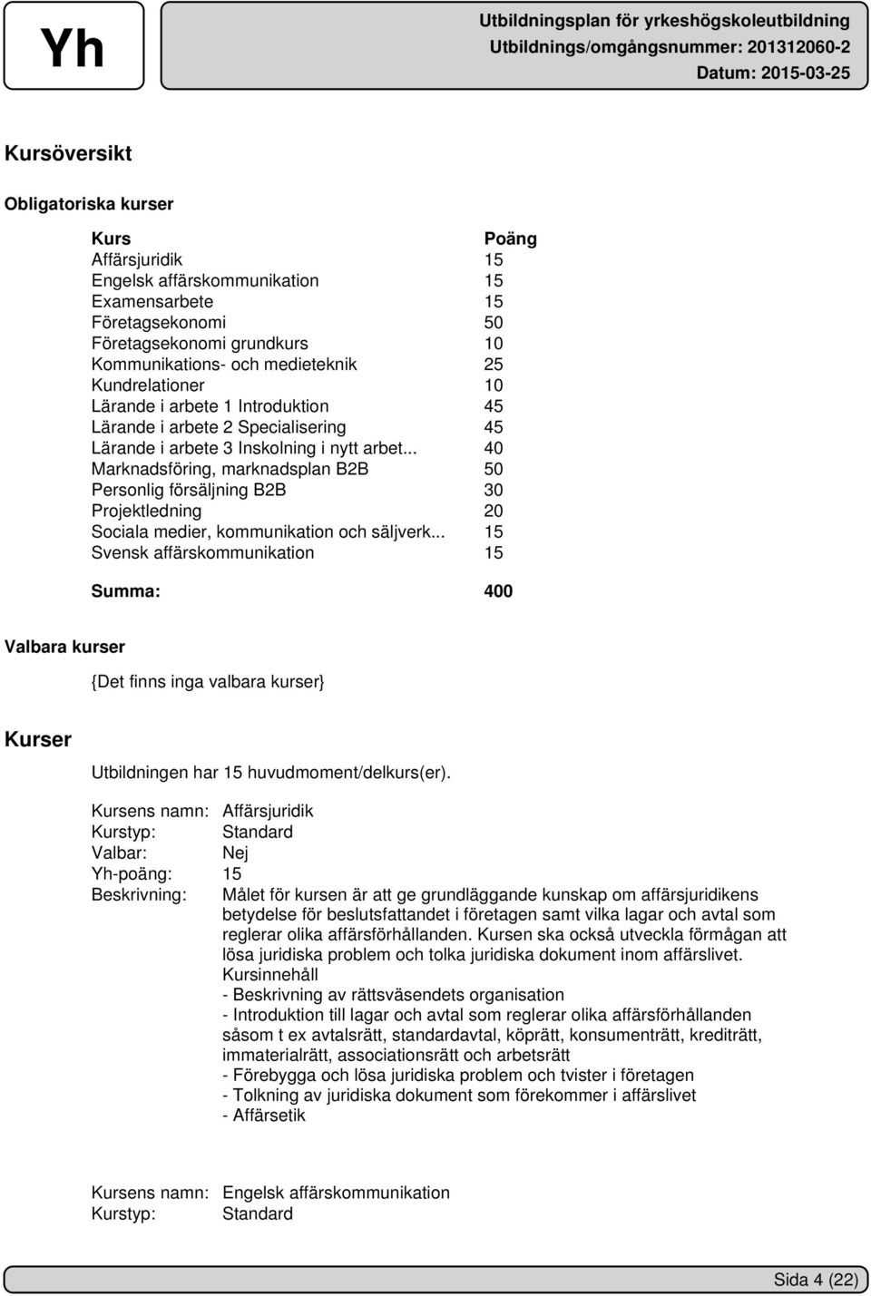 .. 40 Marknadsföring, marknadsplan B2B 50 Personlig försäljning B2B 30 Projektledning 20 Sociala medier, kommunikation och säljverk.