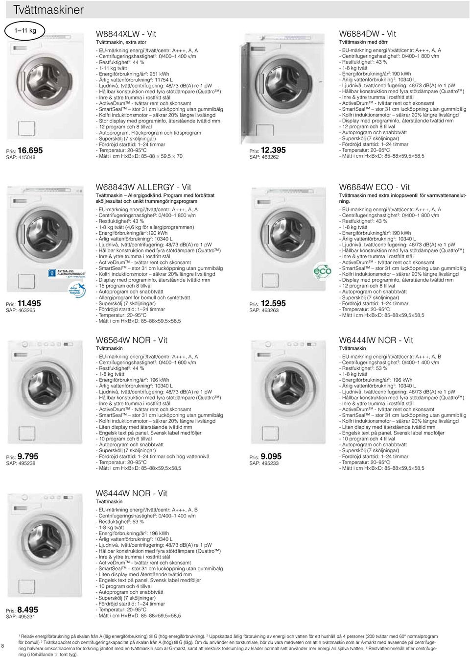 Energiförbrukning/år 2 : 251 kwh - Årlig vattenförbrukning 2 : 11754 L - Ljudnivå, tvätt/centrifugering: 48/73 db(a) re 1 pw - Hållbar konstruktion med fyra stötdämpare (Quattro ) - Inre & yttre