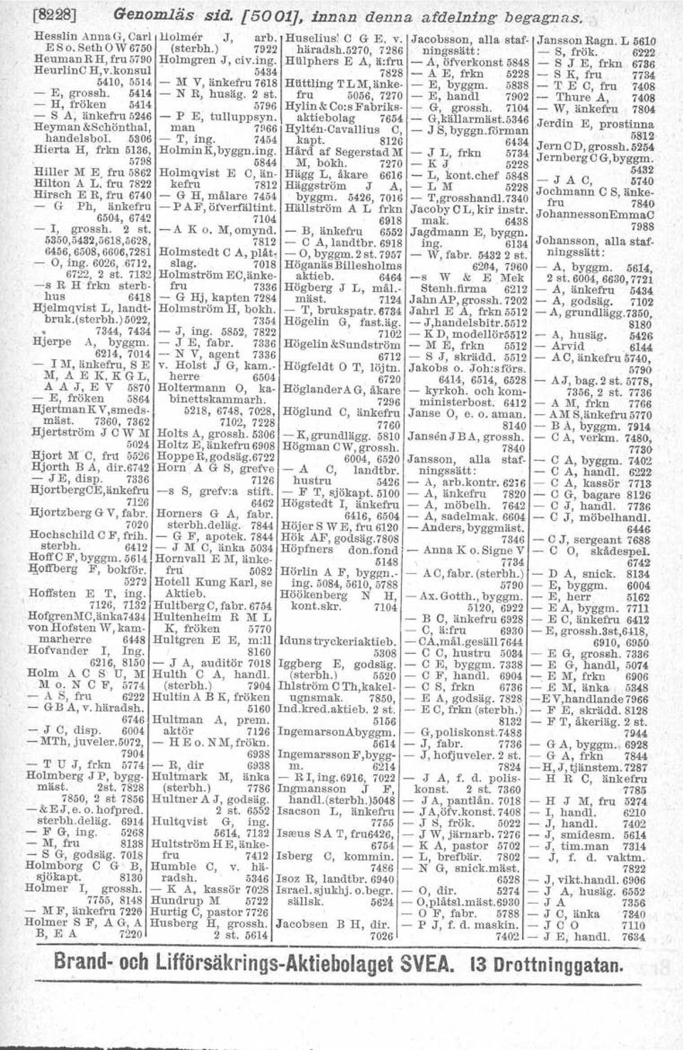 konsul v 7828 - A E, frkn 6228 - S K, fru 7734 0410,6514 - M V, änkefru 7618 HUttling TLM,änke - E, byggm. 5838 - T E C, fru 7408 - E, grossh. 5414 - N R, husäg. 2 st.
