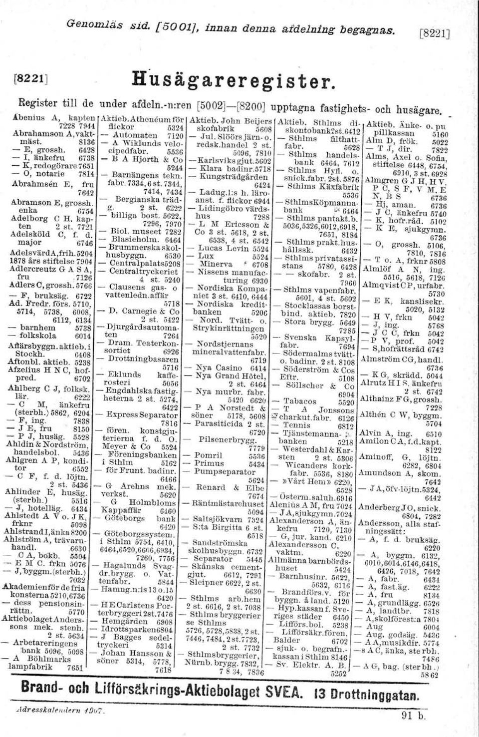aktieb. i Stockh. 6408 Aftonbl. aktieb. 5238 Afzelius H N C, bor, pred. 6702 Ahlberg C J, folksk. lär. 6222 - C 1\'1, änkefru (sterbh.) 5862, 6204 - F, ing. 7838 - J E, fru 8150 - P J, husäg. 5.'528 Ahldin &Nordström, handels bol.
