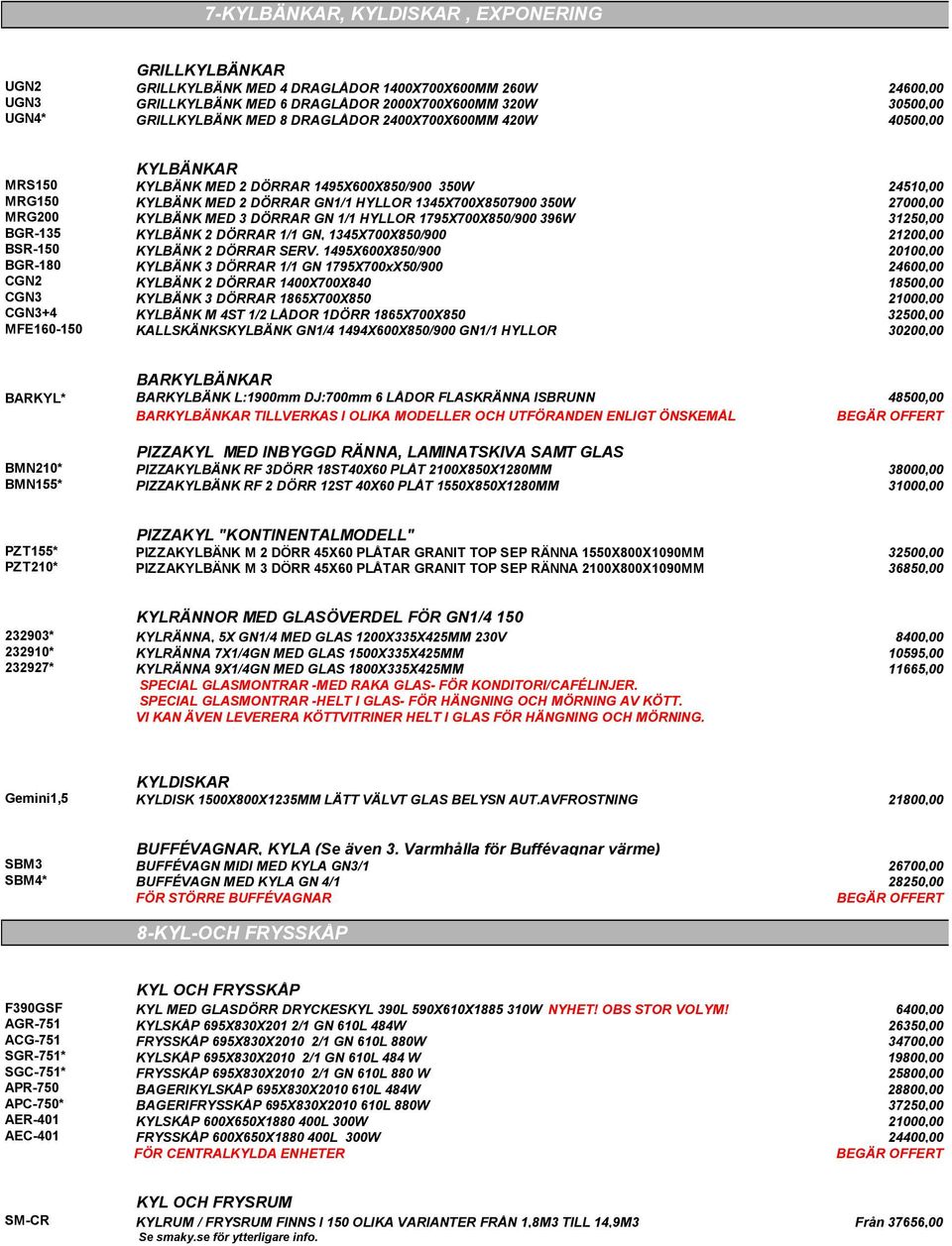 MED 3 DÖRRAR GN 1/1 HYLLOR 1795X700X850/900 396W 31250,00 BGR-135 KYLBÄNK 2 DÖRRAR 1/1 GN, 1345X700X850/900 21200,00 BSR-150 KYLBÄNK 2 DÖRRAR SERV.