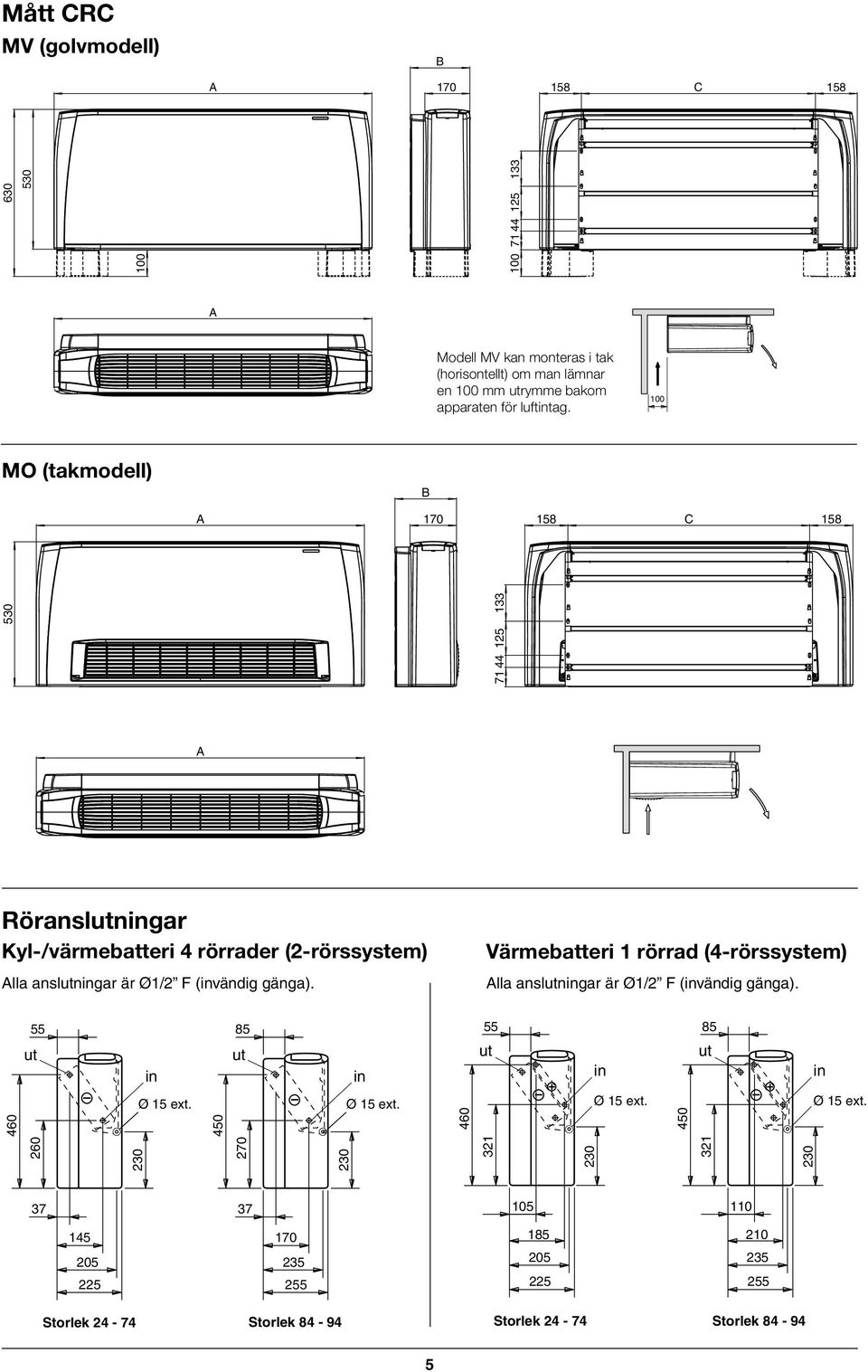 100 O (takmodell) B A 170 158 C 158 530 71 44 125 133 A Röranslutningar Kyl-/värmebatteri 4 rörrader (2-rörssystem) Alla anslutningar är Ø1/2 F (invändig gänga).