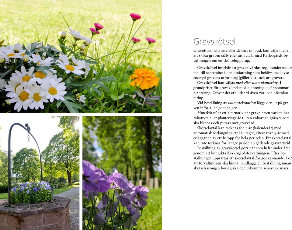 Gravskötsel kan väljas med eller utan plantering. I grundpriset för gravskötsel med plantering ingår sommarplantering. Utöver det erbjuder vi även vår- och höstplantering.