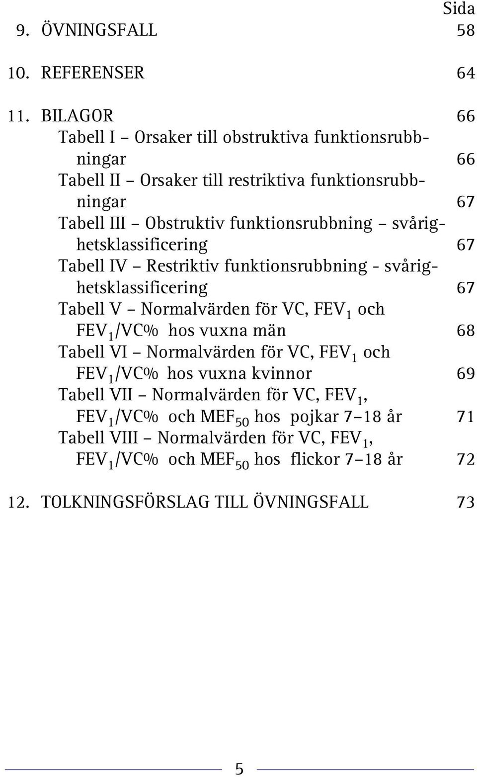 funktionsrubbning svårighetsklassificering 67 Tabell IV Restriktiv funktionsrubbning - svårighetsklassificering 67 Tabell V Normalvärden för VC, FEV 1 och FEV 1