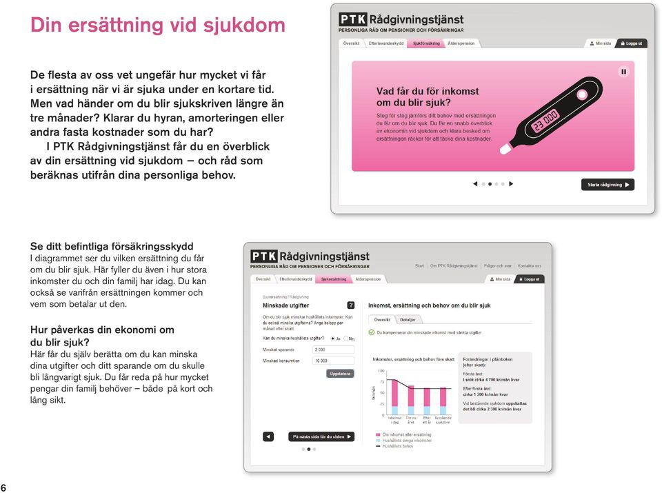 Se ditt befintliga försäkringsskydd I diagrammet ser du vilken ersättning du får om du blir sjuk. Här fyller du även i hur stora inkomster du och din familj har idag.