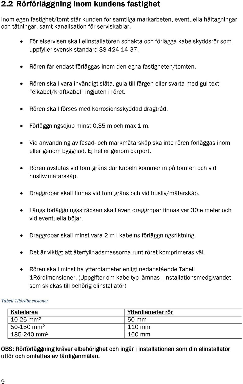 Rören skall vara invändigt släta, gula till färgen eller svarta med gul text elkabel/kraftkabel ingjuten i röret. Rören skall förses med korrosionsskyddad dragtråd.