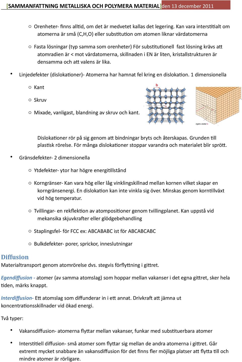 värdatomerna, skillnaden i EN är liten, kristallstrukturen är densamma och a6 valens är lika. Linjedefekter (disloka;oner)- Atomerna har hamnat fel kring en disloka;on.