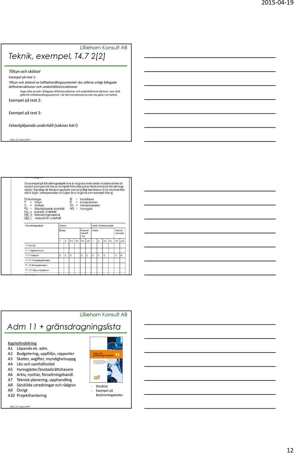 driftsinstruktioner och underhållsinstruktioner som skall gälla för luftbehandlingssystemet i de fall instruktionerna inte ska gälla i sin helhet.