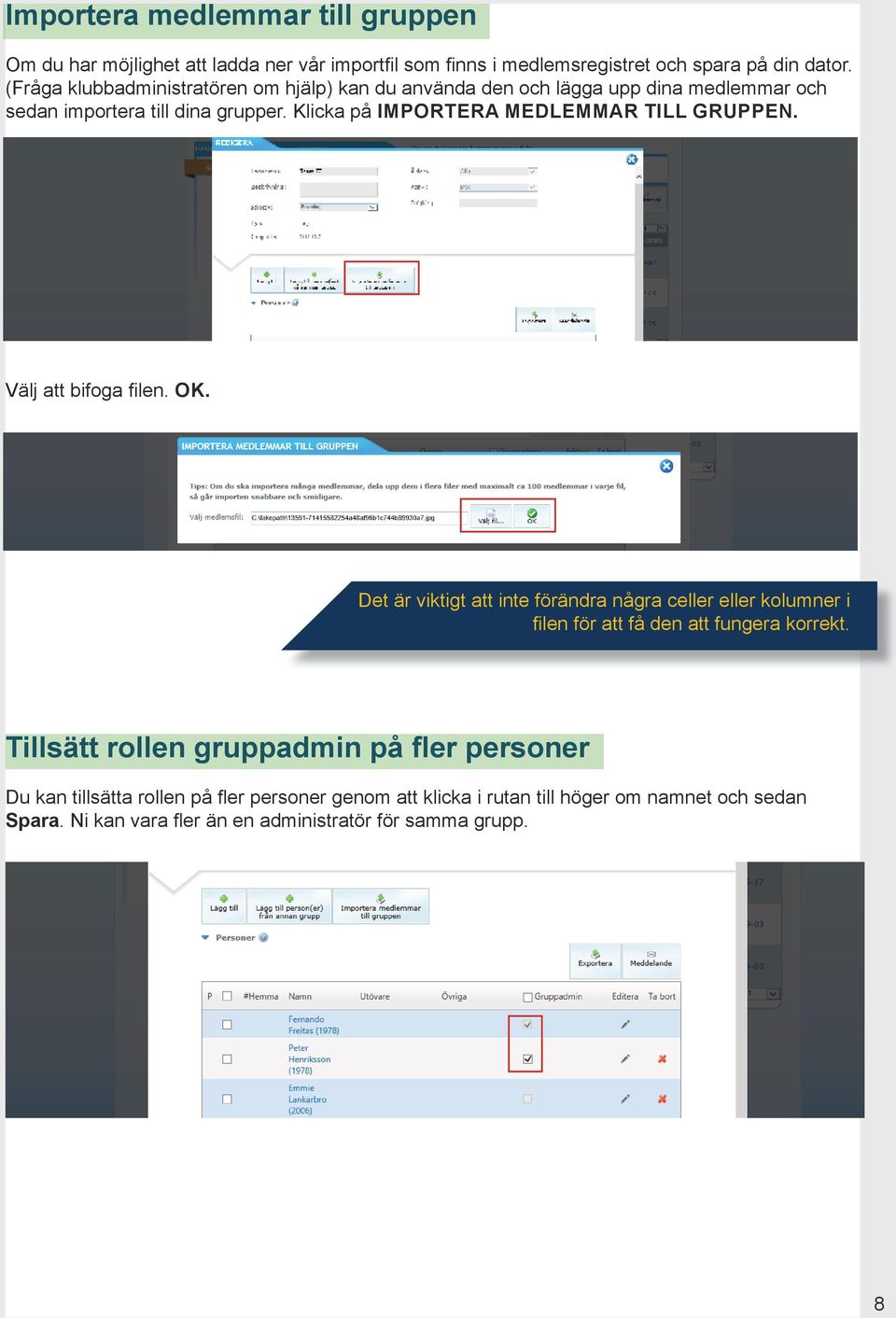 Klicka på IMPORTERA MEDLEMMAR TILL GRUPPEN. Välj att bifoga filen. OK.