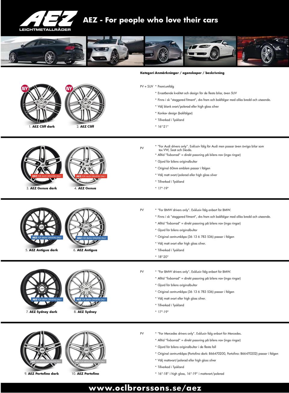* Original 60mm emblem passar i fälgen * Välj matt svart/polerad eller high gloss silver 3. AEZ Genua dark 4. AEZ Genua * 17"-19" * "For BMW drivers only". Exklusiv fälg enbart för BMW.