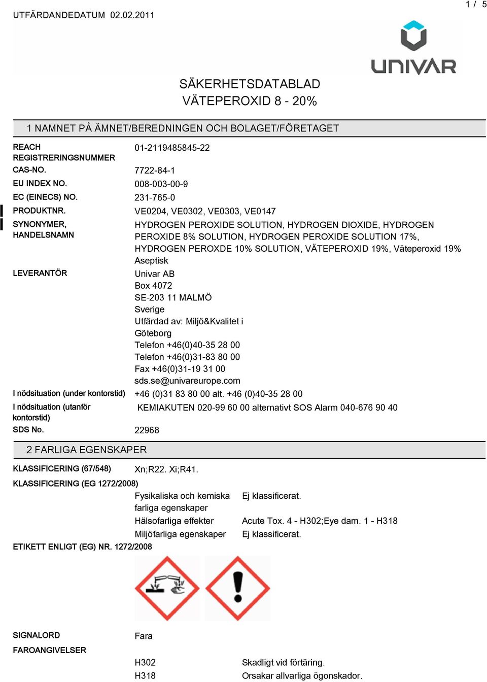 SOLUTION, VÄTEPEROXID 19%, Väteperoxid 19% Aseptisk Univar AB Box 4072 SE-203 11 MALMÖ Sverige Utfärdad av: Miljö&Kvalitet i Göteborg Telefon +46(0)40-3 28 00 Telefon +46(0)31-83 80 00 Fax