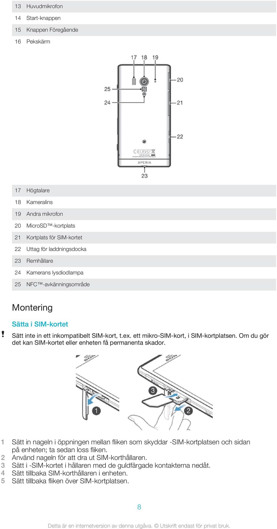 ett mikro-sim-kort, i SIM-kortplatsen. Om du gör det kan SIM-kortet eller enheten få permanenta skador.