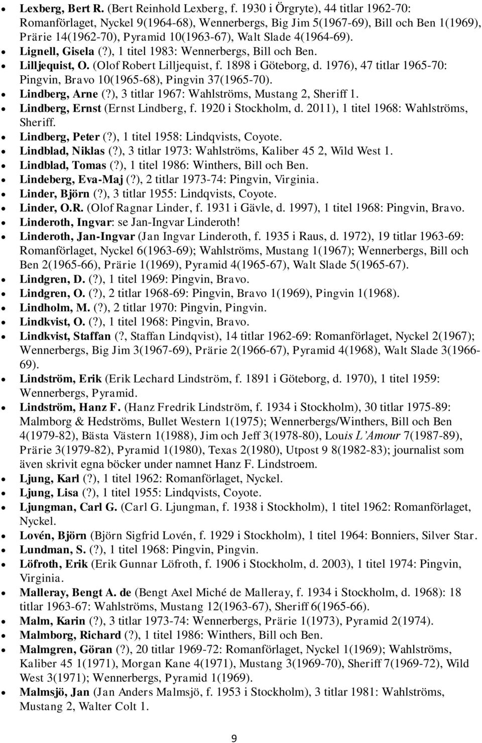 Lignell, Gisela (?), 1 titel 1983: Wennerbergs, Bill och Ben. Lilljequist, O. (Olof Robert Lilljequist, f. 1898 i Göteborg, d.