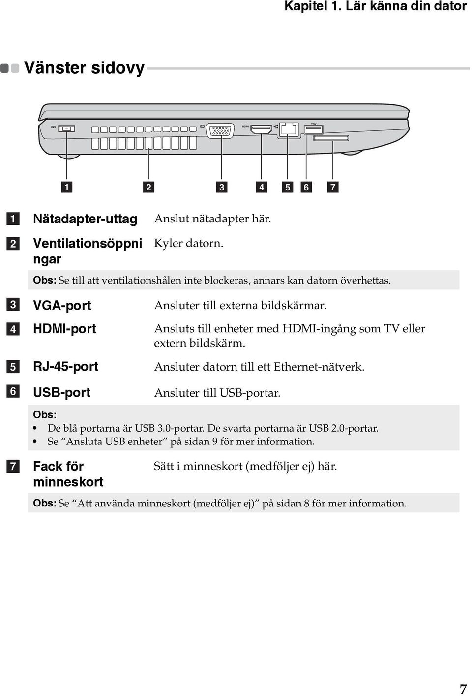 - - - - - - - - 1 2 3 4 5 6 7 a cb dc fd e gf bg Nätadapter-uttag Ventilationsöppni ngar Anslut nätadapter här. Kyler datorn.