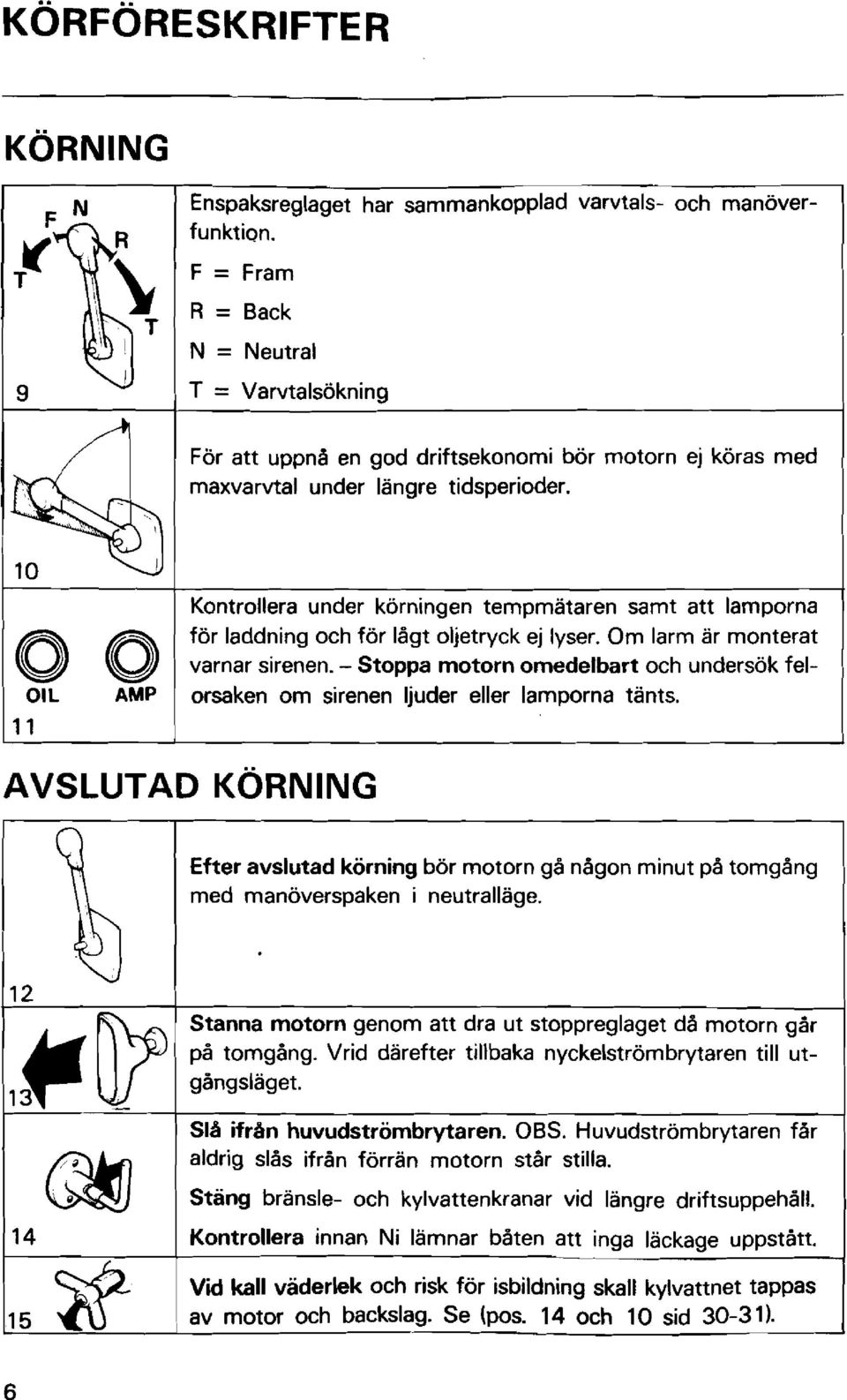 OIL AMP Kontrollera under körningen tempmätaren samt att lamporna. för laddning och för lågt oljetryck ej lyser. Om larm är monterat varnar sirenen.