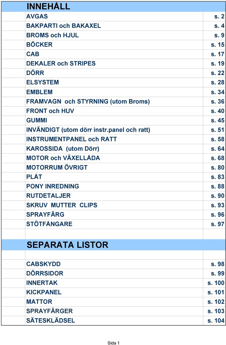 58 KAROSSIDA (utom Dörr) s. 64 MOTOR och VÄXELLÅDA s. 68 MOTORRUM ÖVRIGT s. 80 PLÅT s. 83 PONY INREDNING s. 88 RUTDETALJER s. 90 SKRUV MUTTER CLIPS s.