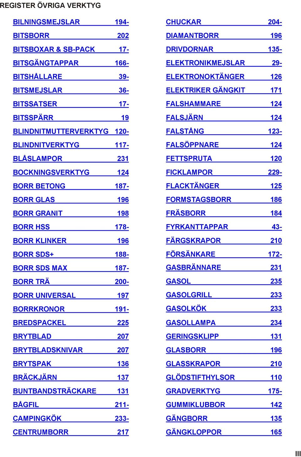 197 BORRKRONOR 191- BREDSPACKEL 225 BRYTBLAD 207 BRYTBLADSKNIVAR 207 BRYTSPAK 136 BRÄCKJÄRN 137 BUNTBANDSTRÄCKARE 131 BÅGFIL 211- CAMPINGKÖK 233- CENTRUMBORR 217 CHUCKAR 204- DIAMANTBORR 196