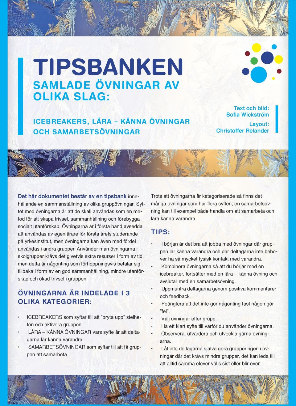 Övningarna är i första hand avsedda att användas av egenlärare för första årets studerande på yrkesinstitut, men övningarna kan även med fördel användas i andra grupper.