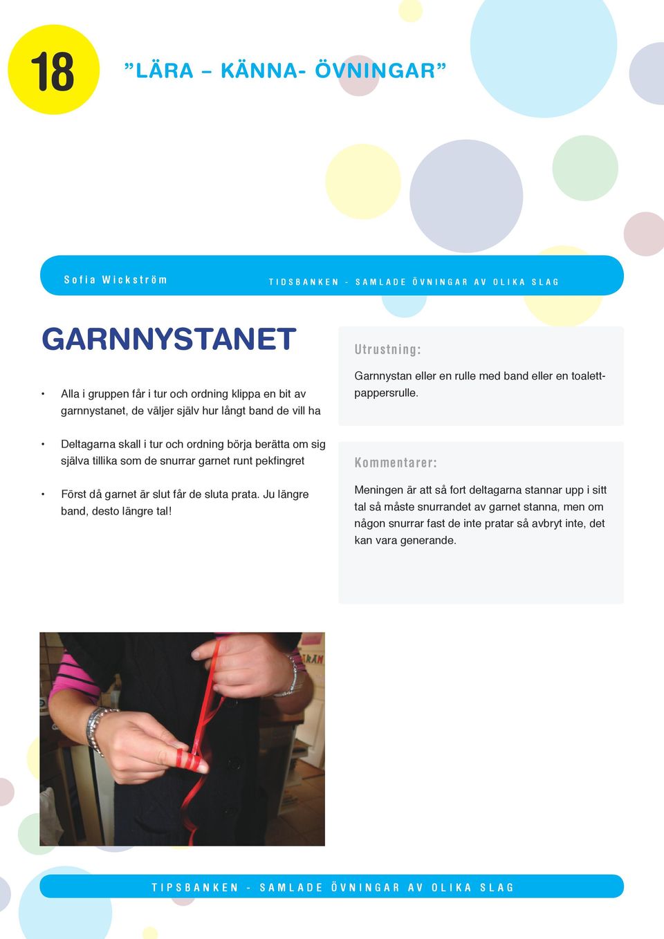 Deltagarna skall i tur och ordning börja berätta om sig själva tillika som de snurrar garnet runt pekfingret Först då garnet är slut får de