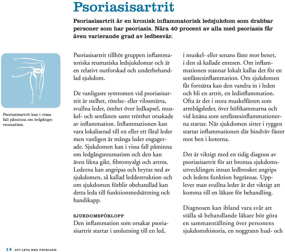 De vanligaste symtomen vid psoriasisartrit är stelhet, rörelse- eller vilosmärta, svullna leder, ömhet över ledkapsel, muskel- och senfästen samt trötthet orsakade av inflammation.