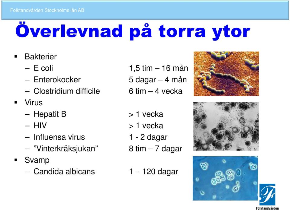 Virus Hepatit B > 1 vecka HIV > 1 vecka Influensa virus 1-2