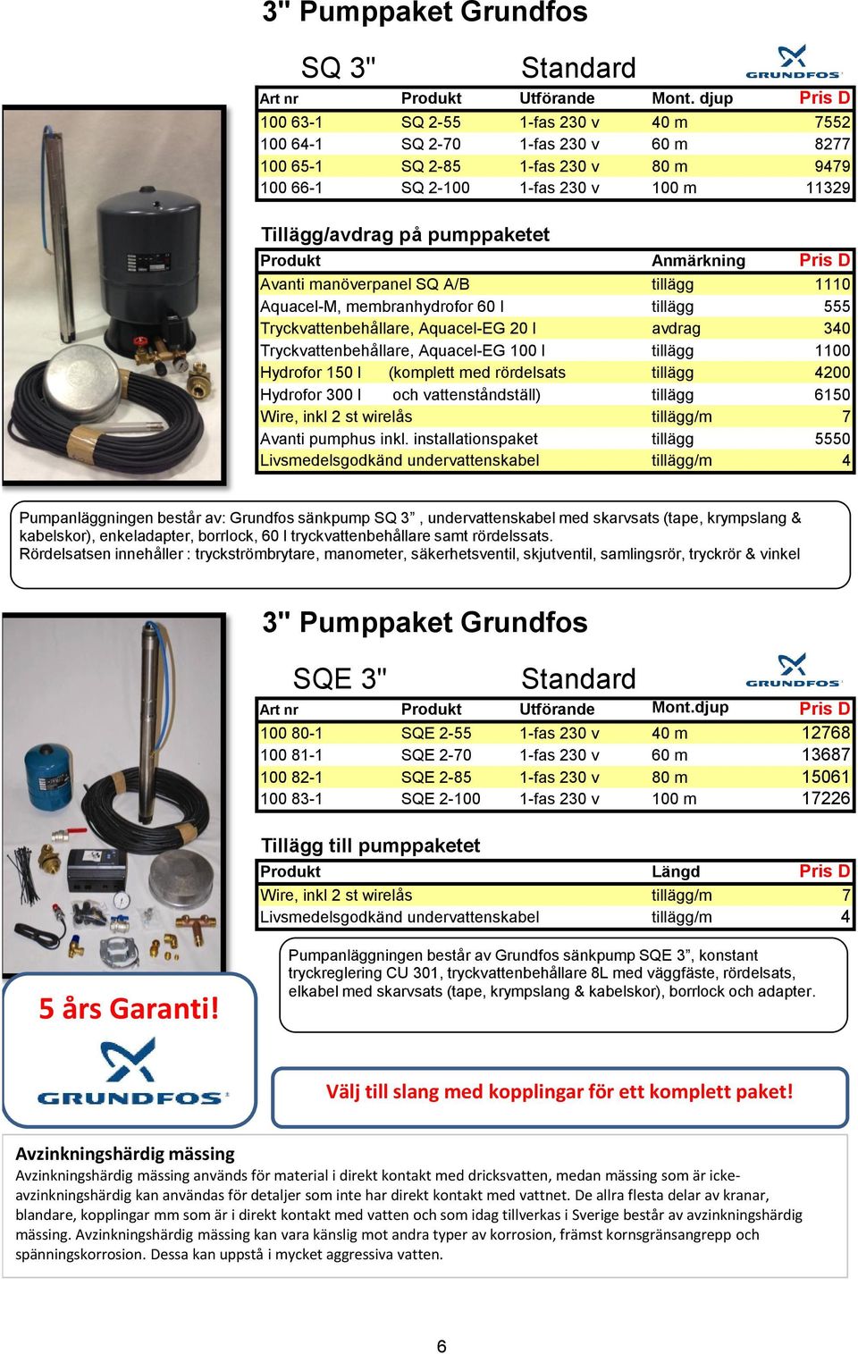 pumppaketet Produkt Anmärkning Pris D Avanti manöverpanel SQ A/B tillägg 1110 Aquacel-M, membranhydrofor 60 l tillägg 555 Tryckvattenbehållare, Aquacel-EG 20 l avdrag 340 Tryckvattenbehållare,