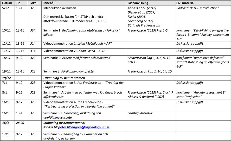 Podcast: ISTDP introduction 10/12 13-16 U34 Seminarie 1: Bedömning samt etablering av fokus och allians Frederickson (2013) kap 1-6 Kortfilmer: Establishing an effective focus 1-5 samt Anxiety