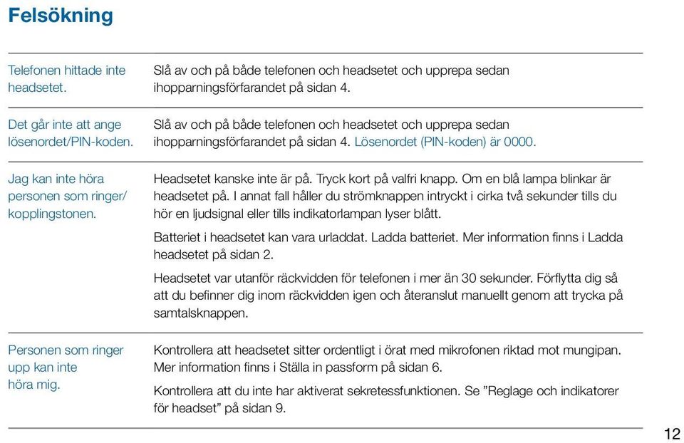 Lösenordet (PIN-koden) är 0000. Headsetet kanske inte är på. Tryck kort på valfri knapp. Om en blå lampa blinkar är headsetet på.