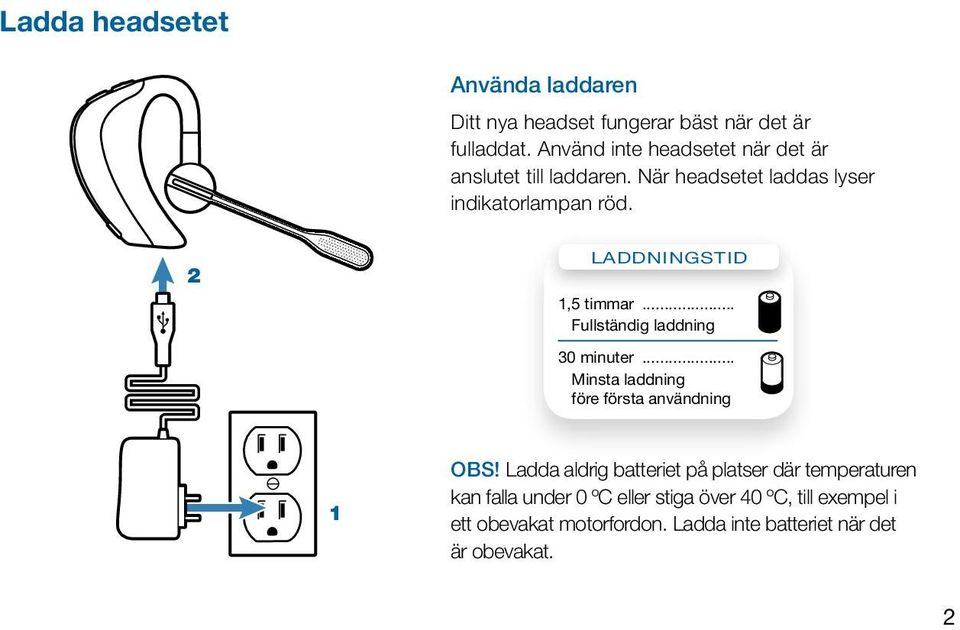 2 Laddningstid 1,5 timmar... Fullständig laddning 30 minuter... Minsta laddning före första användning 1 Obs!