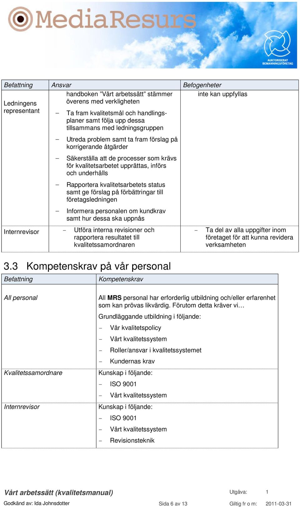 Rapportera kvalitetsarbetets status samt ge förslag på förbättringar till företagsledningen - Informera personalen om kundkrav samt hur dessa ska uppnås Internrevisor - Utföra interna revisioner och