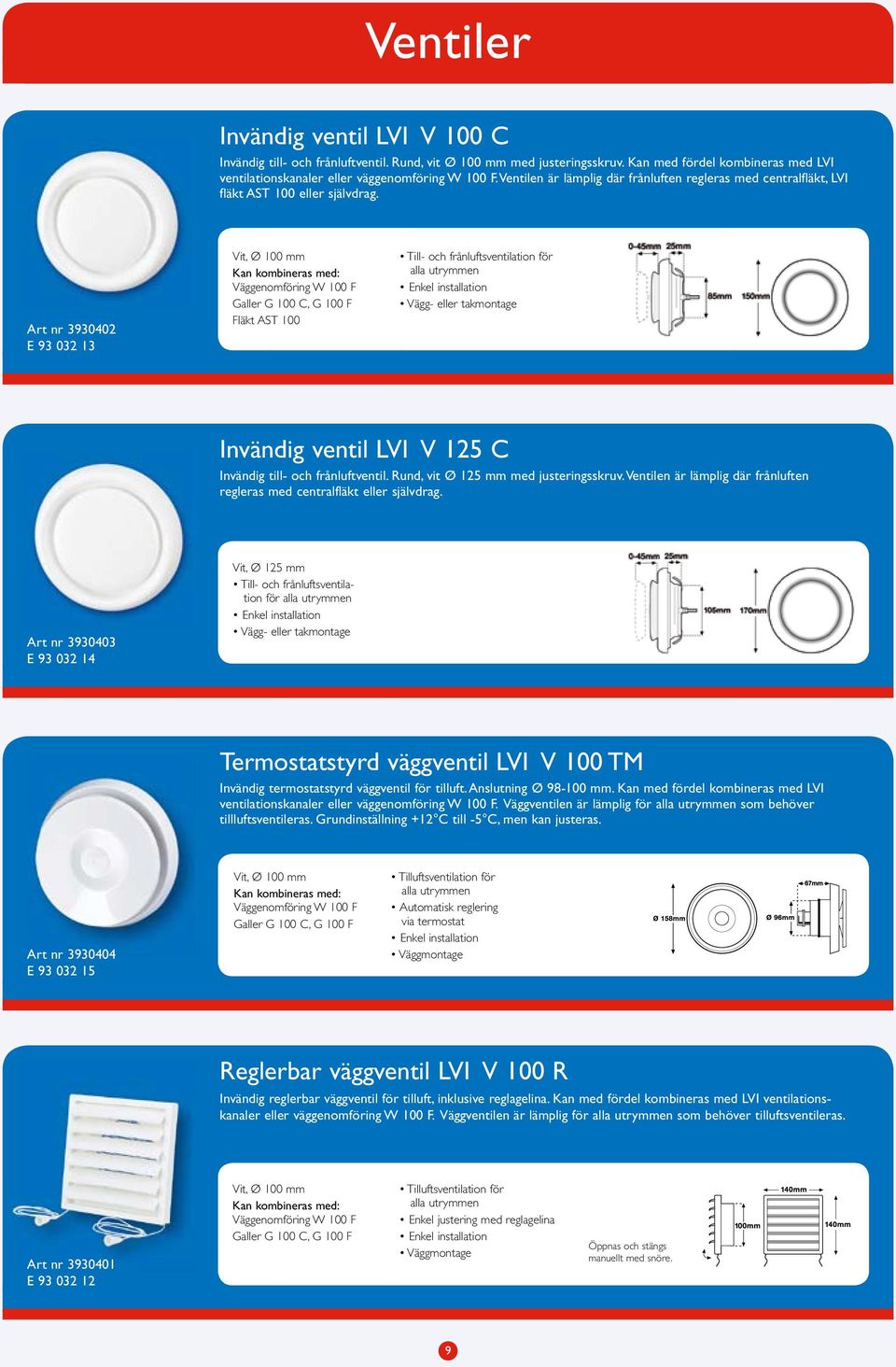 Art nr 3930402 E 93 032 13 Väggenomföring W 100 F Galler G 100 C, G 100 F Fläkt AST 100 Till- och frånluftsventilation för Vägg- eller takmontage Invändig ventil LVI V 125 C Invändig till- och